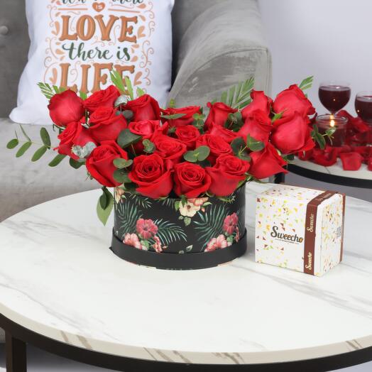 Love 21 Red Roses in Floral Print Box and Sweecho Chocolates 250gm