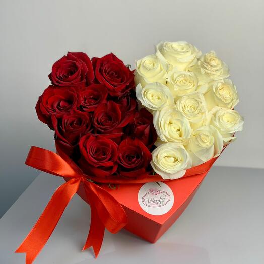 Red and White Roses in Red Heart Box