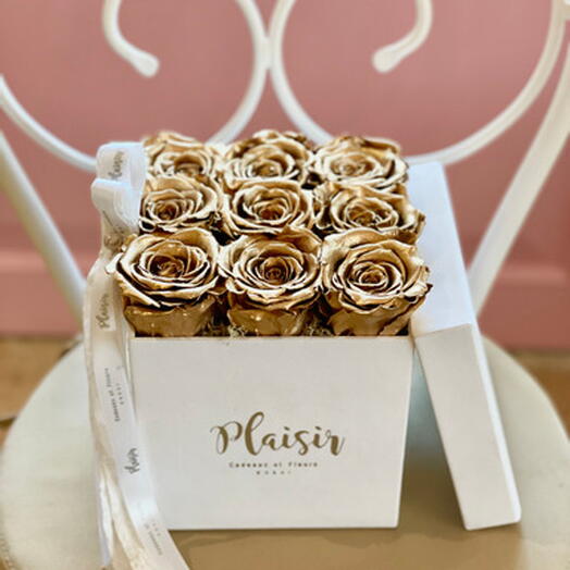 Nine Gold Preserved Roses in White Box
