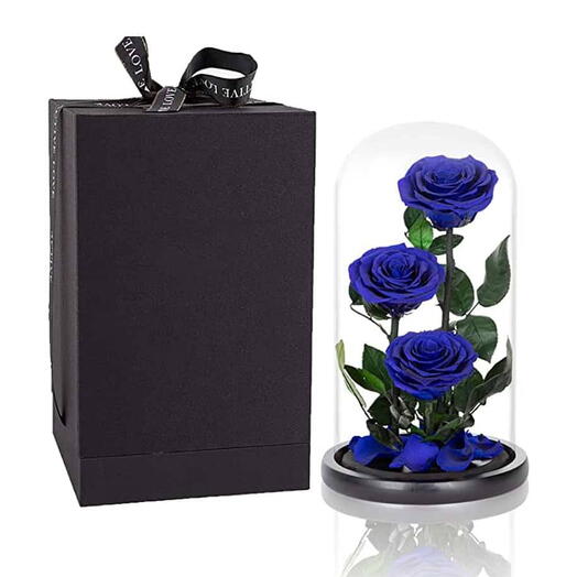 Glass Dome Vase With Three Rose Blue