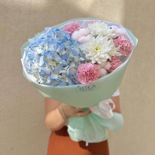 💙🌸Букет с гортензией, диантусами, хлопком и хризантемой 💙