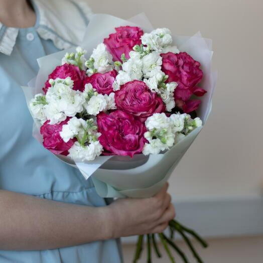 Blush Peony Roses and White Matthiola Bouquet