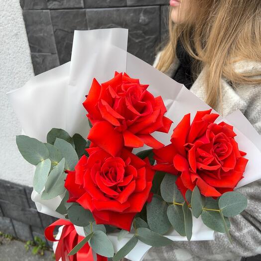 Моно букет из алых, вывернутых роз с эвкалиптом