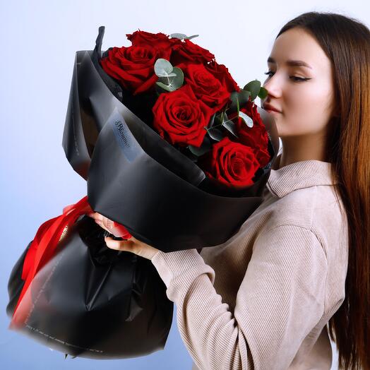Black with roses and eucalyptus