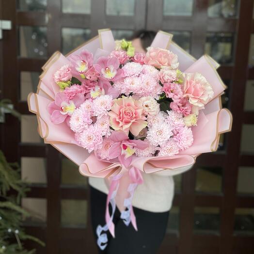 🌸Авторский букет «Ароматное поле» с хризантемами, розами, орхидеями и эустомой