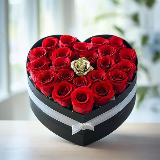 Valentines Day Red Roses and Golden Rose in Single