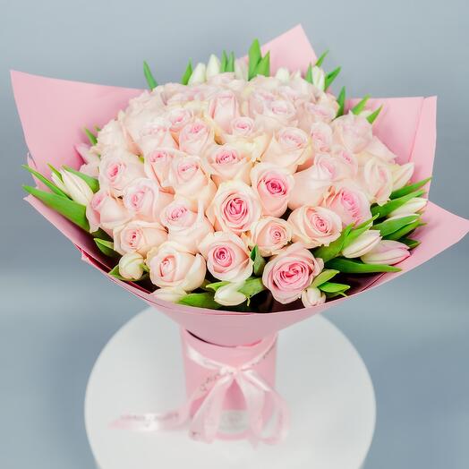 50 Pink Roses   24 Tulips Hand Bouquet