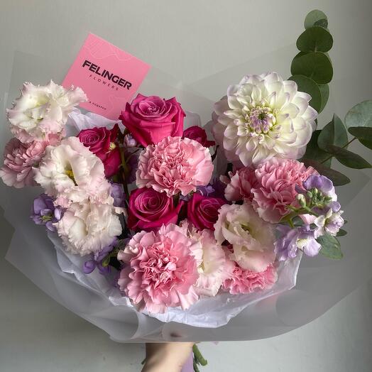 Pink bouquet of dianthus, dahlias and roses