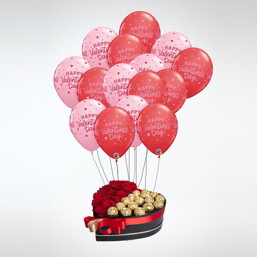 Red Roses And Chocolate Combo With Balloons