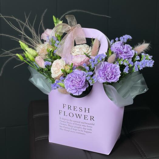 Composition of eustoma "Monroe" bushy peony-shaped rose