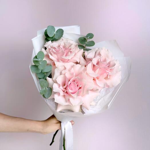 Delicate bouquet compliment pink French espirance roses and eucalyptus