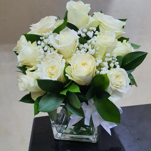 Charming White Rose and Gypsophila Vase Arrangement