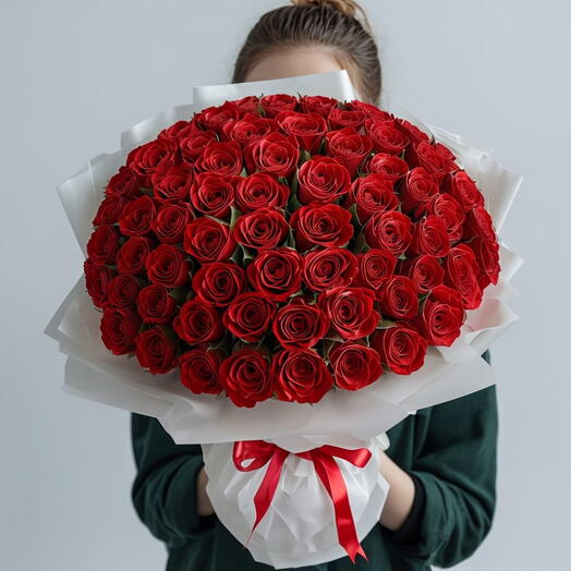 Valentines Day 100 Red Roses White Wrapped Bouquet