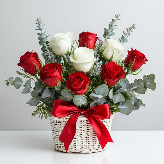 Valentines Day Red and White Roses Basket Arrangement